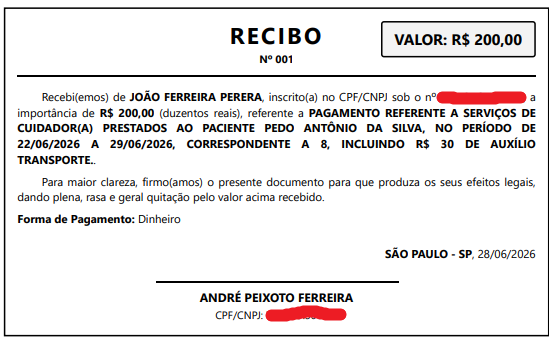 Exemplo de Recibo de Cuidador de Idosos Modelo de Recibo para Cuidador de Idosos preenchido e assinado